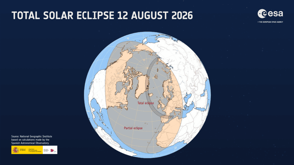 Een kaart van de aarde met daarop het pad van de totale zonsverduistering van 2026.