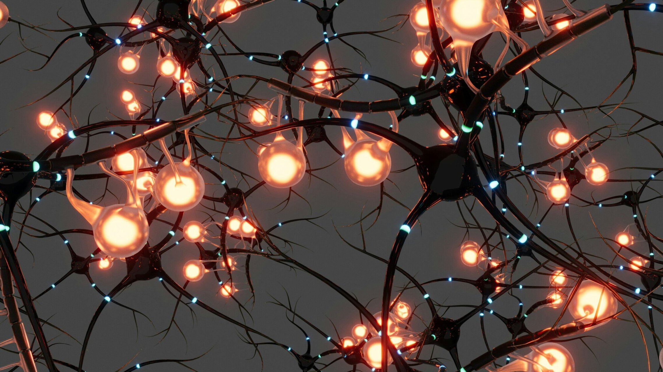 Grafische nabootsing van lichtgevende neuronen in een netwerk, tegen een donkere achtergrond.